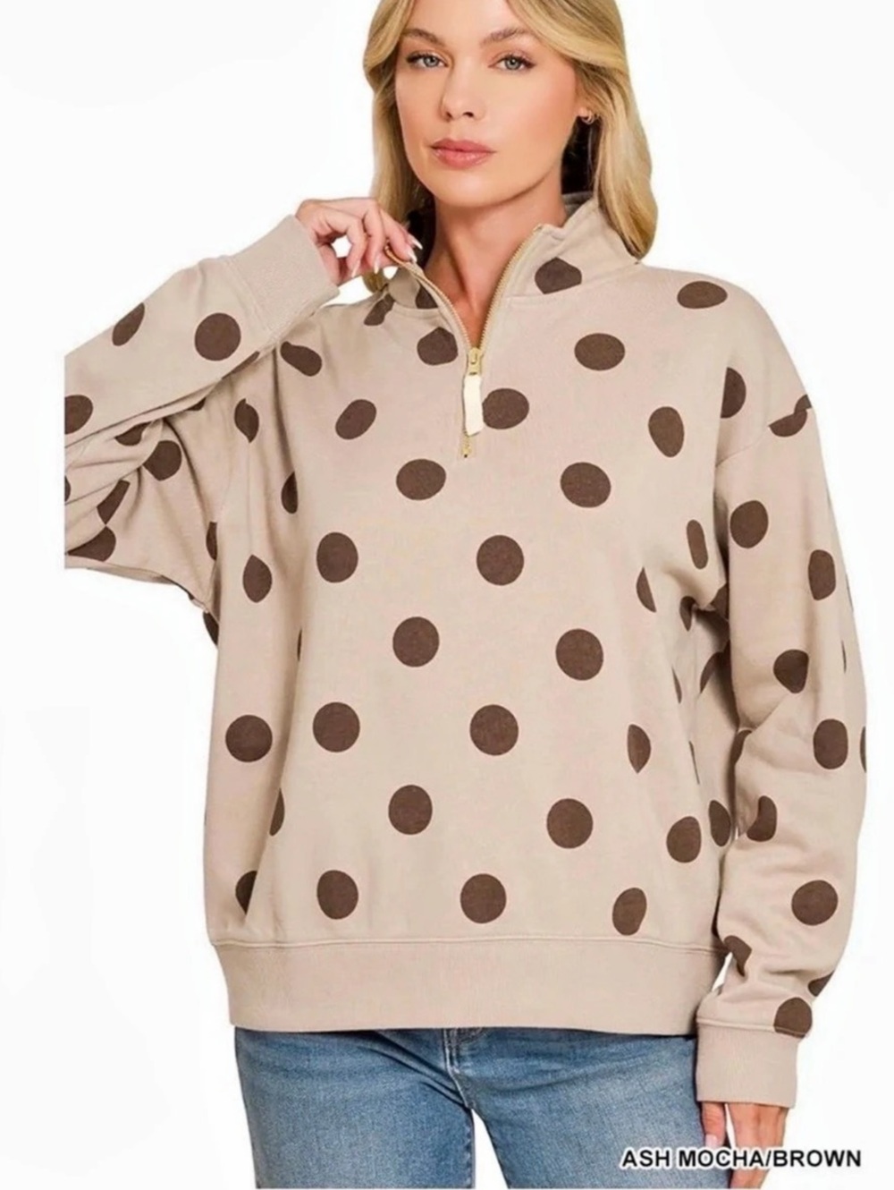 Polka Dot Quarter-Zip Sweatshirt and barrel sweatpants in Brown & Beige